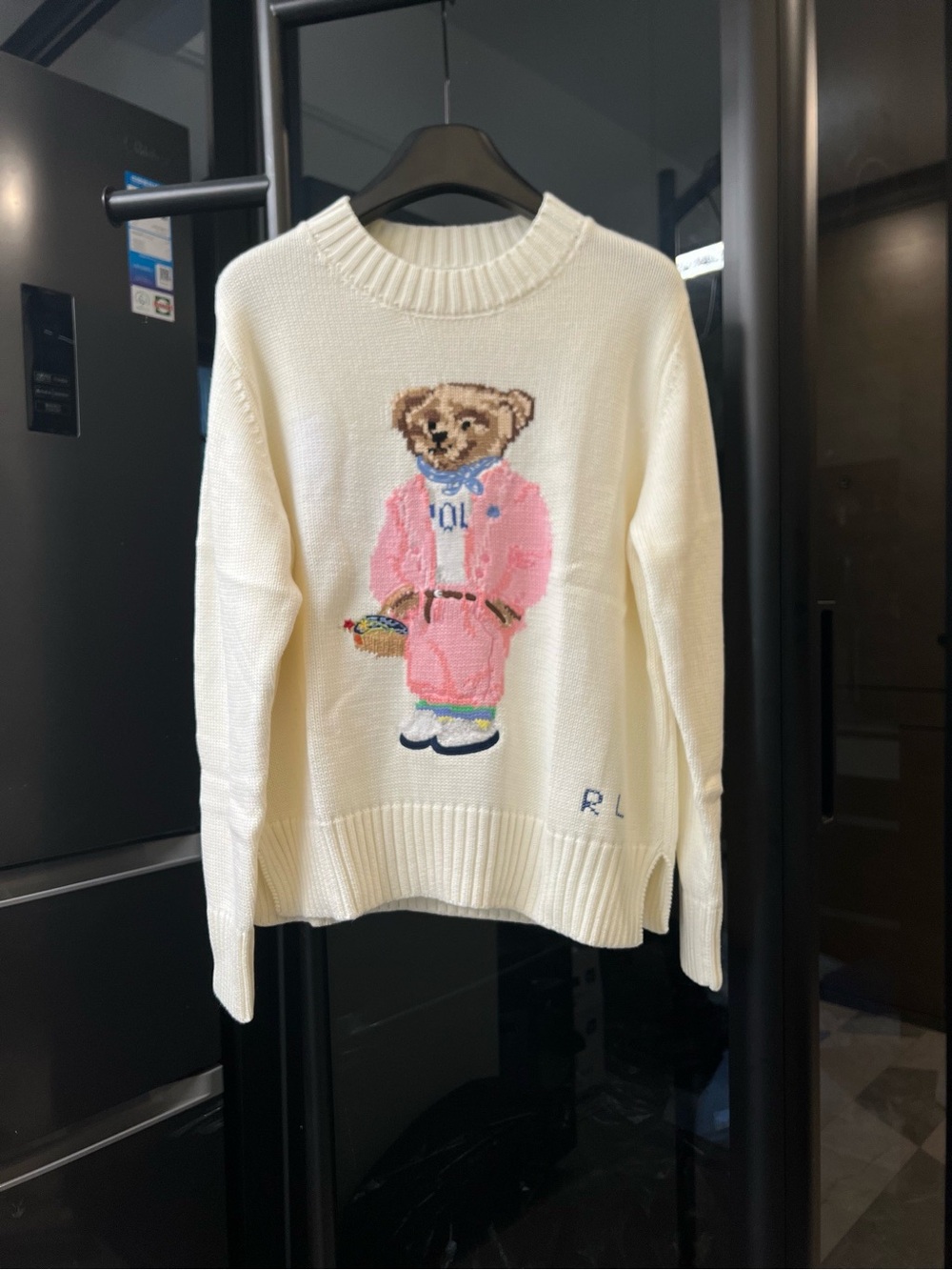 Polo by Ralph Lauren Cream Crewneck Sweater with Pink Bear Intarsia